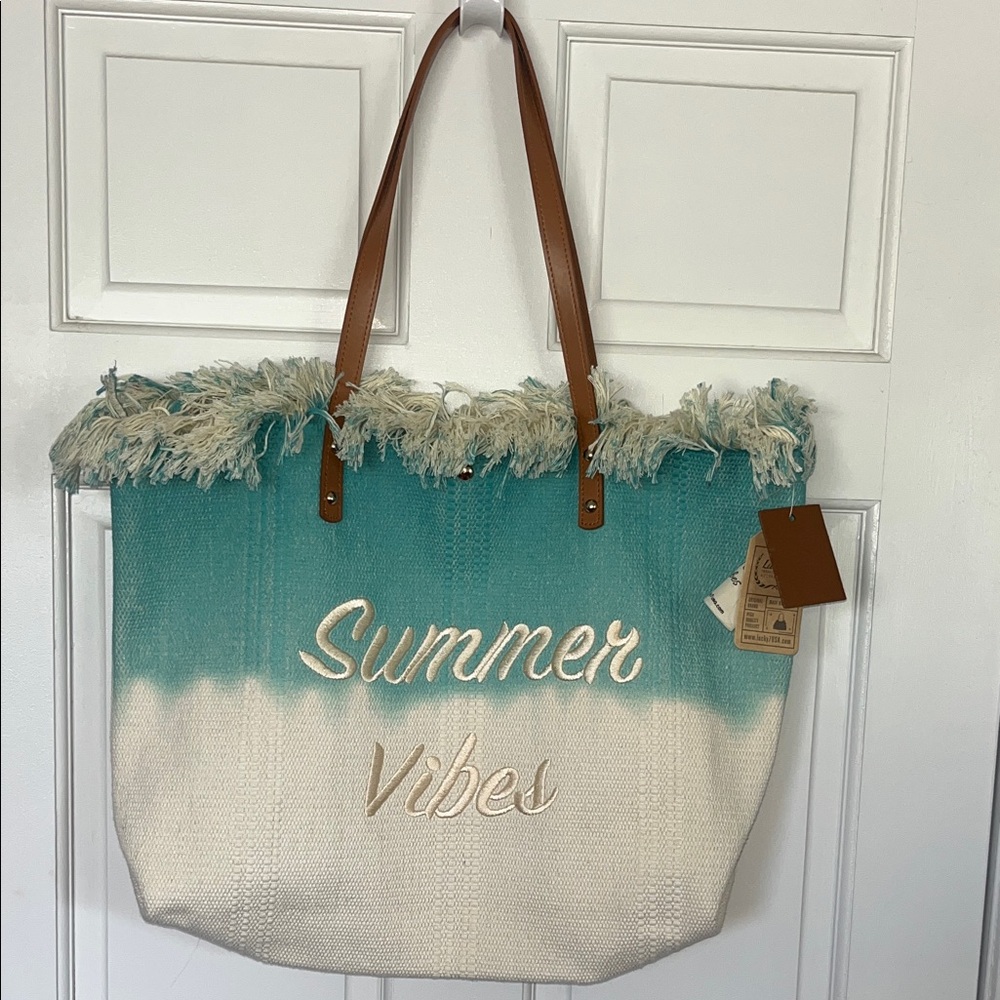Lucky7 Summer Vibes Teal and Cream Tote Bag With Fringe
